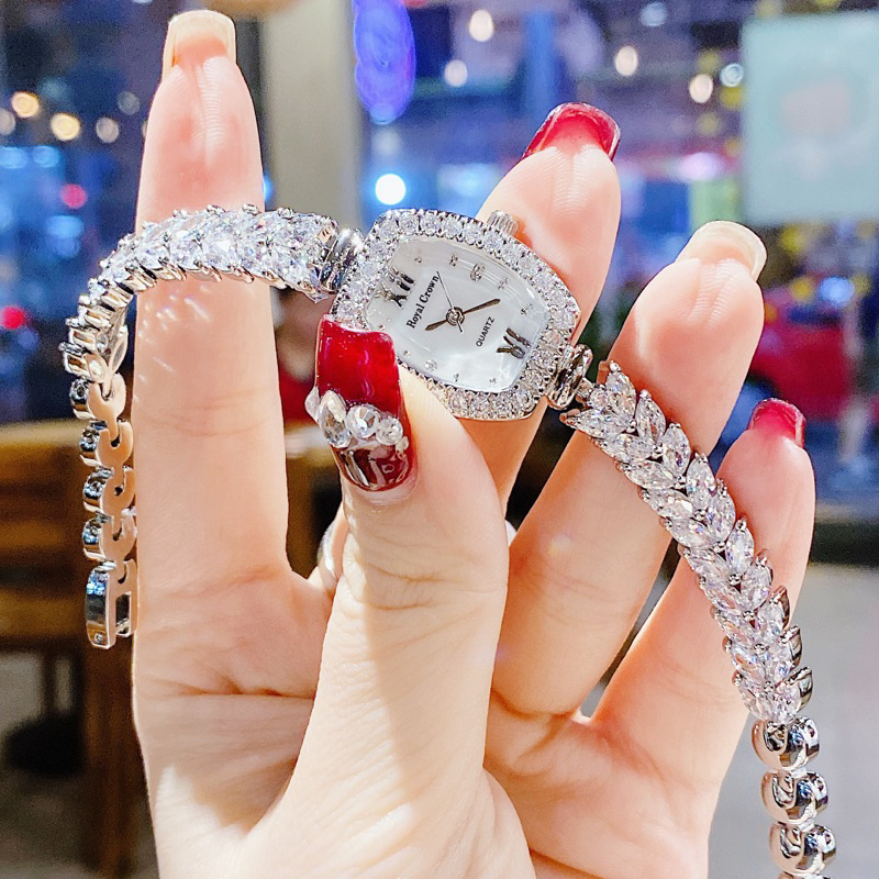 [Chính Hãng 100%) Đồng Hồ Nữ Royal Crown 9232 mặt vuông đính đá dây kim loại chính hãng đính đá
