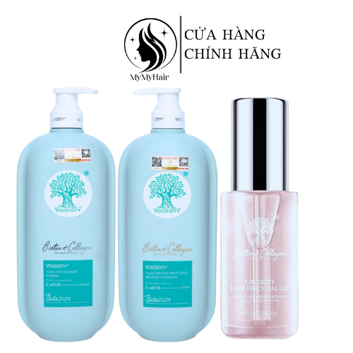 Combo tinh dầu biotin pink 60ml &amp; Dầu gội xả ngăn gàu mọc tóc Biotin Collagen Voudioty xanh dương 1000ML phiên bản 2024