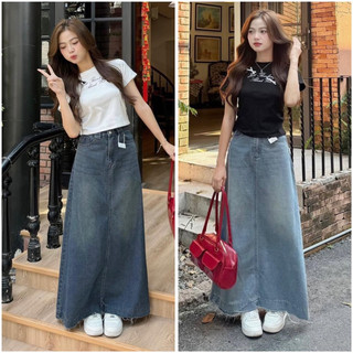  Chân váy jeans dáng dài chữ A tua rua gấu màu ĐẬM/NHẠT phong cách Hàn Quốc