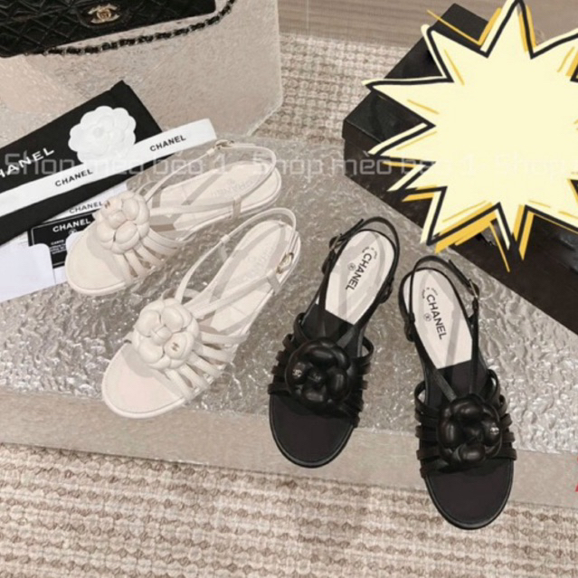 Sandal cn hoa trà quai mảnh đan ngang đế bệt fullbox