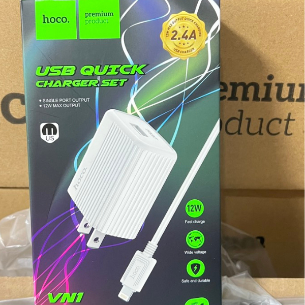 Bộ sạc Hoco VN1, công suất tối đa đầu ra 12w, cổng Usb; cáp sạc usb - light, usb - micro; usb - type
