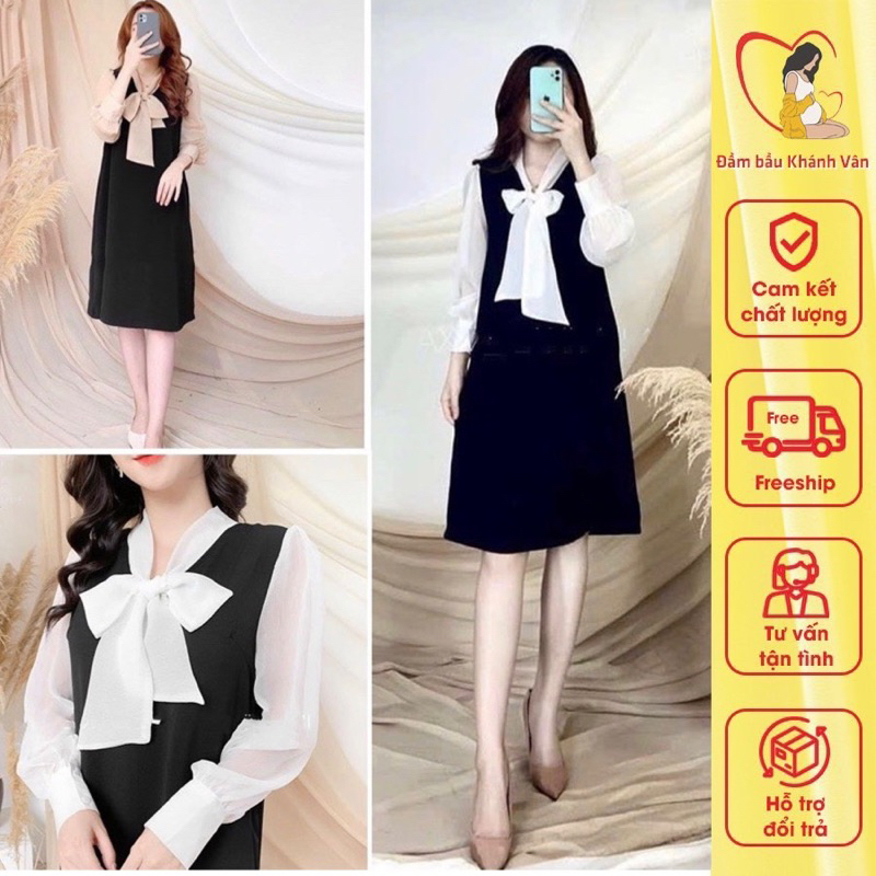 Váy bầu, đầm bầu công sở cổ buộc nơ thu đông dài tay B07