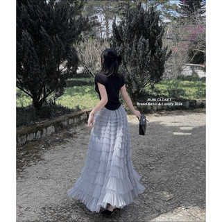 Chân váy maxi lưới tầng bèo