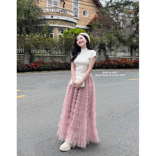 Chân váy maxi lưới tầng bèo