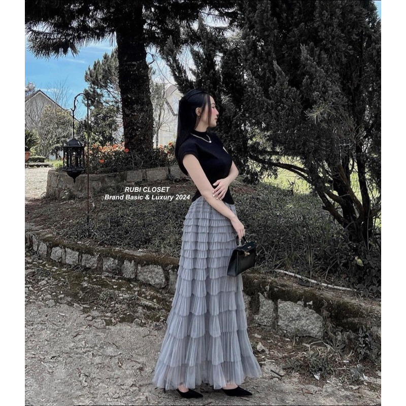 Chân váy maxi lưới tầng bèo