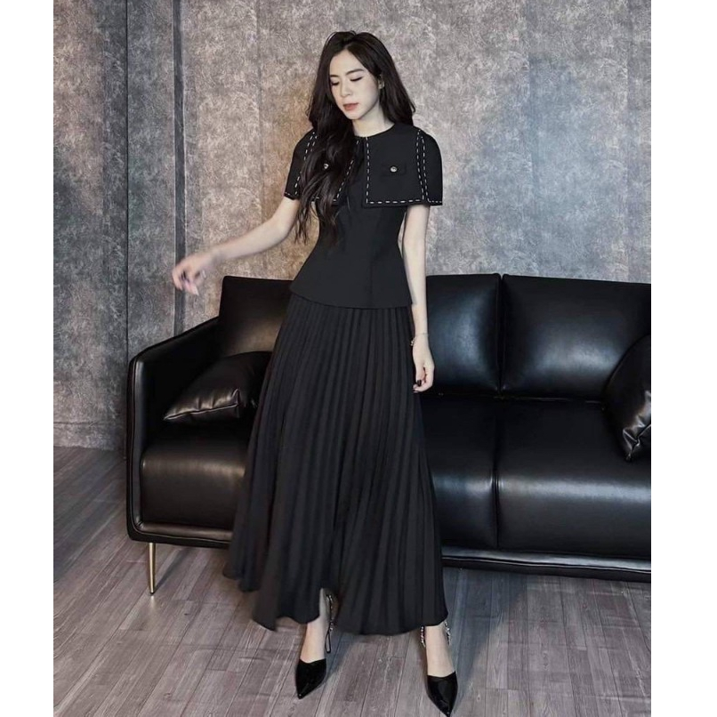 Set 2 Món Áo Kiểu Thủy Thủ Phối Viền Mix Chân Váy Xếp Ly Xòe Dáng Dài Tone Màu Đen Style Nhẹ Nhàng Diện Dự Tiệc, Hẹn Hò