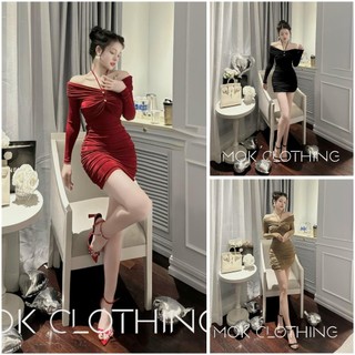 Đầm Body Nhũ Ánh Kim Trễ Vai Tay Dài Nhún Hông Eo Dáng NGắn 3 Tone Màu Basic Style Sang Chảnh Sexy Quyến Rũ Dự Tiệc