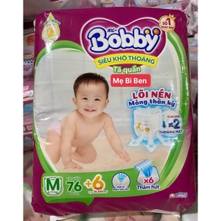 [CỘNG MIẾNG M76+6] Tã Bỉm Quần Bobby Lõi nén thần kỳ 3mm Gạo non size M76 miếng cho bé 6-11kg