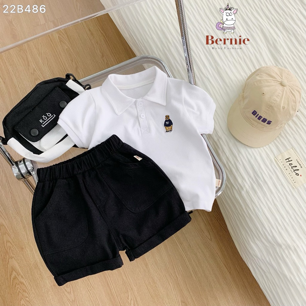 Bộ cộc tay bé trai từ 8-22kg Bernie - bộ bé trai mùa hè áo polo thêu gấu quần kaki cho bé - 22B486
