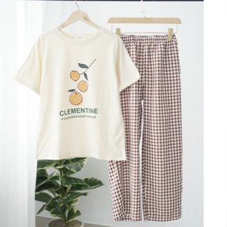 Sét đồ nữ áo ngắn tay in hình siêu xinh, quần DÀI ống rộng suông caro trẻ trung MENINA_STUDIO, sét bộ mặc nhà đi chơi