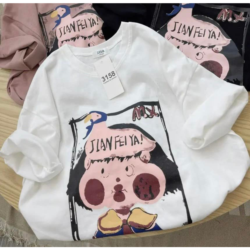 Áo thun nữ tay lỡ chất cotton khô 3158 in CÔ BÁNH BAO phong cách Hàn Quốc CAMASTORE S103