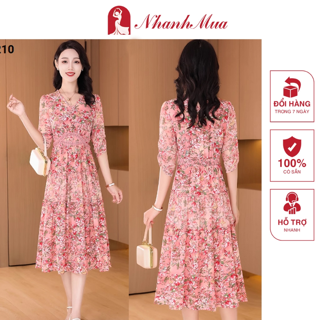 Đầm trung niên [Đẹp Xinh] Đầm voan hoa tay lở eo viền ren cách điệu - 14210