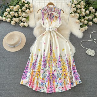 #4684 [Sẵn một số size] Đầm Quảng Châu không tay thắt nơ họa tiết retro thanh lịch đủ size siêu xinh