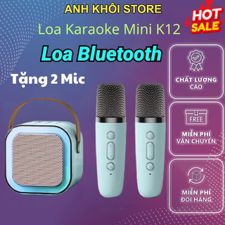 Loa bluetooth, loa karaoke mini k12 sạc pin không dây, âm thanh hay bass chuẩn tặng kèm 2 míc hát