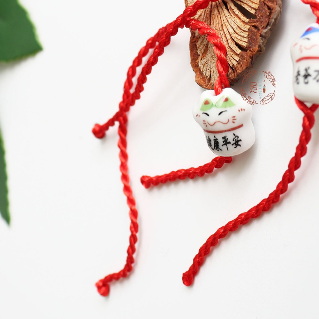 (Có sẵn) Vòng Tay Gốm Mèo Chỉ Đỏ May Mắn