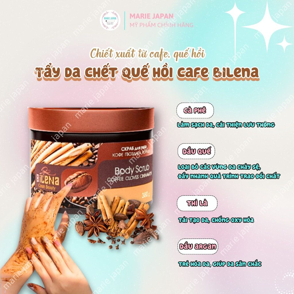 Tẩy da chết body chiết xuất cafe quế hồi Bilena hộp 380g