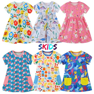 Váy cho bé gái SKIDS đầm bé gái ngắn tay mùa hè chất cotton họa tiết đáng yêu cho trẻ 2 đến 7 tuổi