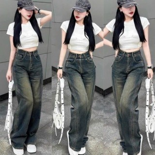 [JEANS]Quần jean ống rộng sọc viền độc lạ form dáng đẹp , Quần bò jean ống rộng dáng suông cạp cao màu xanh cổ điển