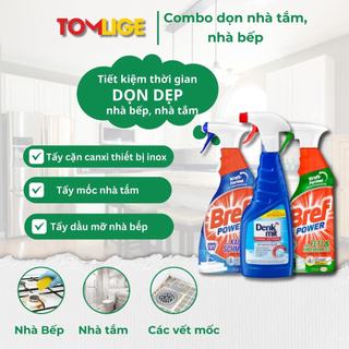 Combo tẩy dầu mỡ bref 750ml, tẩy mốc ố vàng nhà tắm bref 750ml, tẩy cặn canxi vòi sen inox nhà tắm bref 750ml tomlige
