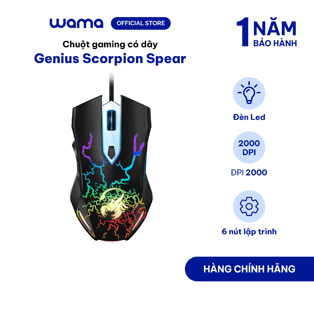Chuột gaming có dây Genius Scorpion Spear màu đen - nhẹ, 6 nút lập trình, công thái học, đèn LED, DP