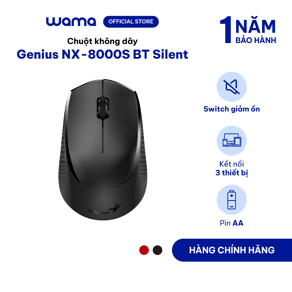 Chuột Bluetooth Genius NX-8000S Silent - giảm ồn, 3 2 chế độ kết nối, thuận 2 tay, trượt đa bề mặt, 