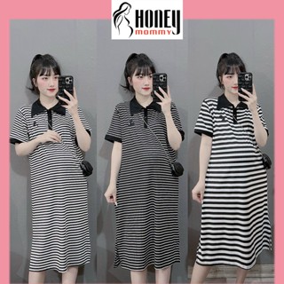 Đầm Bầu Váy Bầu Váy Polo Kẻ Ngang Dáng Suông Chữ A Mùa Hè Chất Cotton Xinh Xắn Lịch Sự HD2802 Honey Mommy