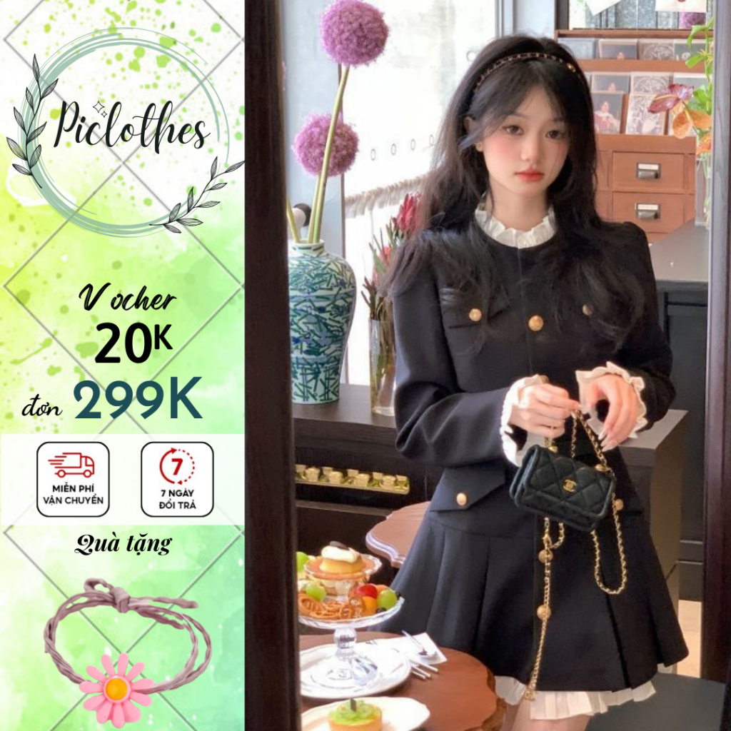 Váy Xếp Ly Xòe Phối Tay Viền Bèo Dài Tay Piclothes