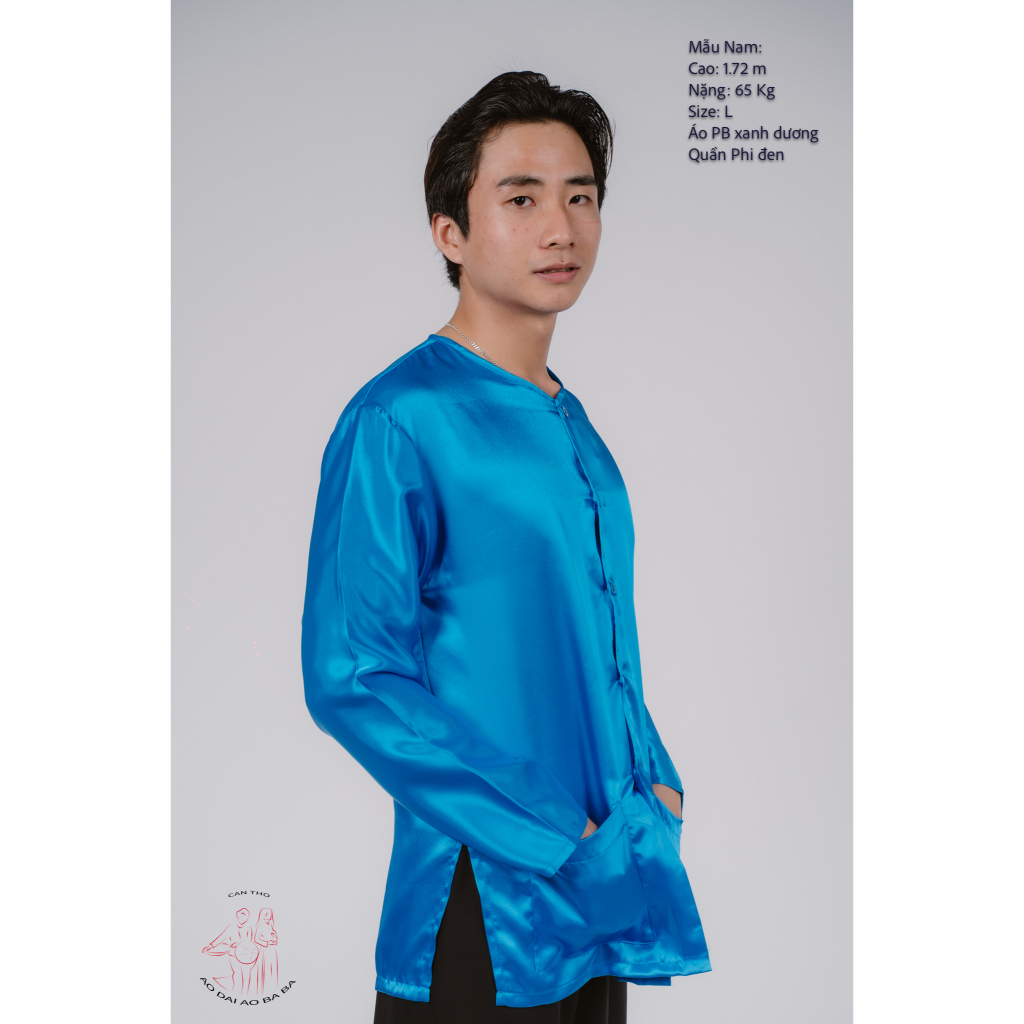 Bộ áo bà ba nam phối áo phi xanh dương + Quần phi đen - Có bộ bà ba Bigsize
