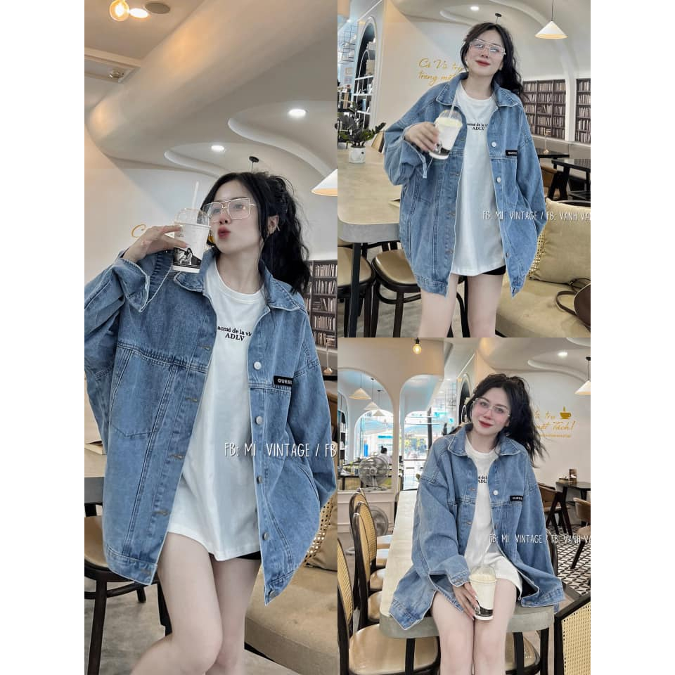 ÁO KHOÁC DENIM JACKET LOGO GUESS ĐEN metwo.dearu - Áo bò jeans xanh nhạt OVERSIZE nam nữ tag logo form rộng QC