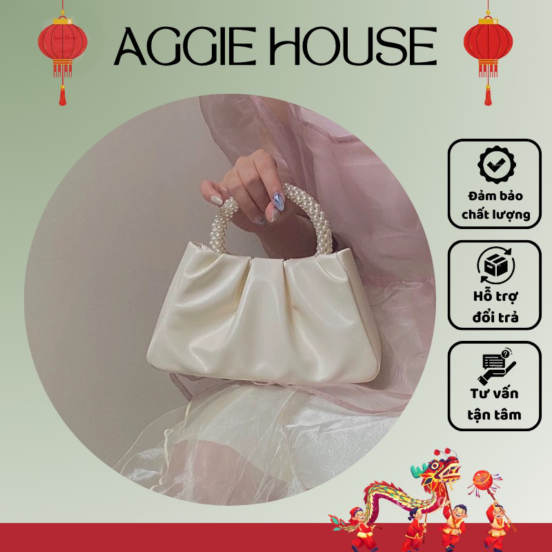 (Có sẵn) Túi Xách Nữ Túi Đi Tiệc Da Mềm Hình Thang Phối Quai Ngọc Mini Phong Cách Cổ Điển - Aggie House