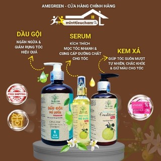 Combo Serum Tinh Dầu Bưởi, Dầu Gội Vỏ Bưởi và Kem Xả Vỏ Bưởi Amegreen - ngăn rụng tóc, kích mọc tóc