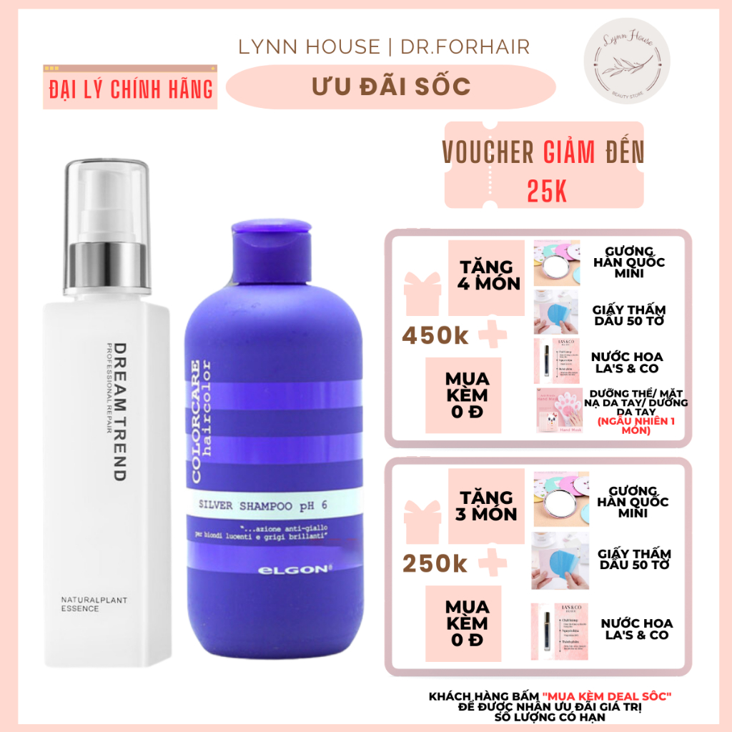 Combo khử vàng + giữ màu tóc tẩy - Dầu gội tím Elgon + Dưỡng tóc Dream Trend  phục hồi tóc hư tổn