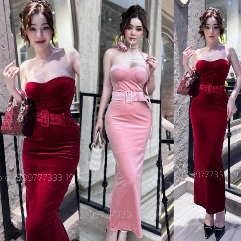 Đầm Thiết Kế Nhung Cúp Khuôn Ngực Dáng Dài Ôm Body + Chocker Hoa + BELT RỜI