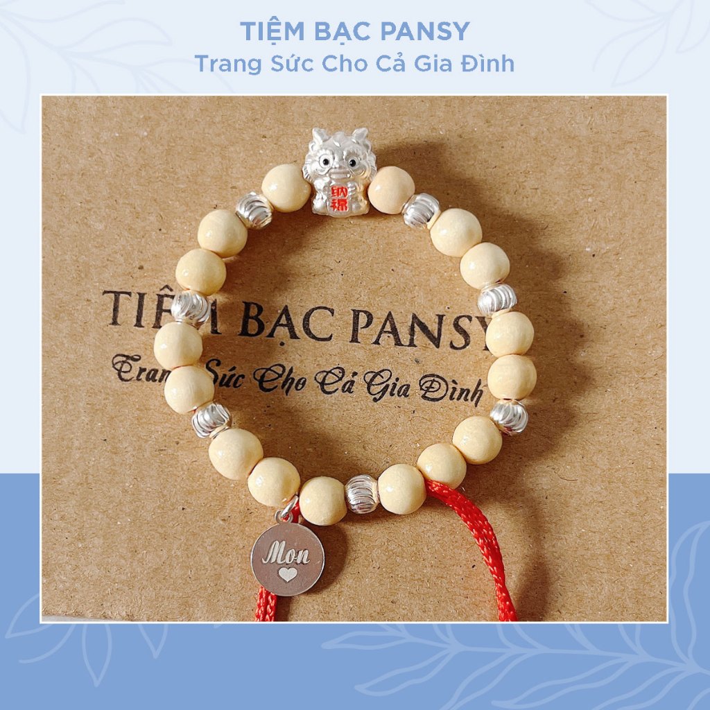 Vòng dâu tằm cho bé PANSY mix charm con giáp và bi bạc ta - Vòng gỗ dâu khắc tên theo yêu cầu