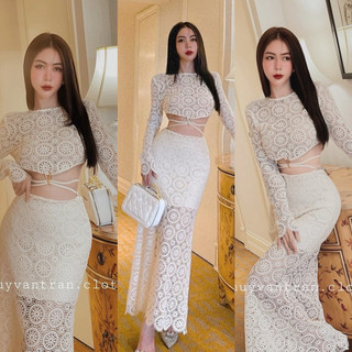 Bộ chân váy ren hoa đuôi cá nhẹ+áo ren tay dài cropt 240724