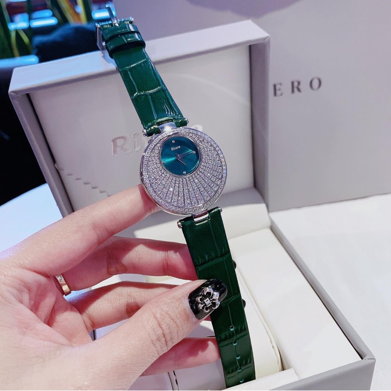 Đồng Hồ Nữ RIVERO R1902  Pin -Dây Da Xanh Chính Hãng mặt đính full đá gắn chấu siz 33mm