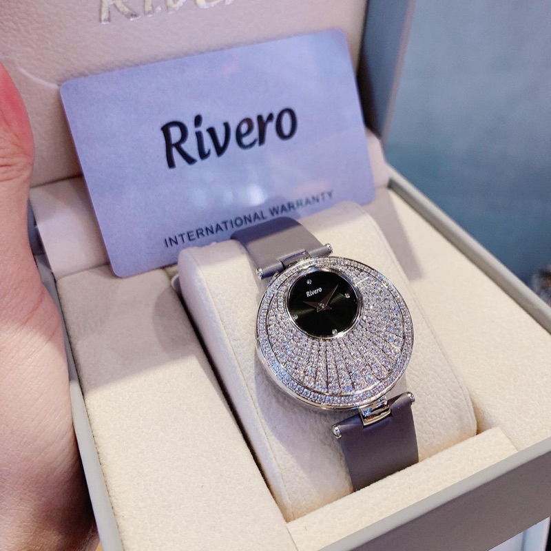 Đồng Hồ Nữ RIVERO R1902  Pin -Dây Da Xanh Chính Hãng mặt đính full đá gắn chấu siz 33mm