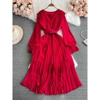 #4719 [Order] Đầm Quảng Châu dáng cổ chữ V xếp ly kèm thắt lưng 6 màu siêu xinh