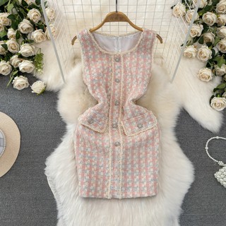 #4720 [Sẵn một số size] Đầm hai dây cổ vuông chất dạ tweed có lót trong Quảng Châu siêu xinh