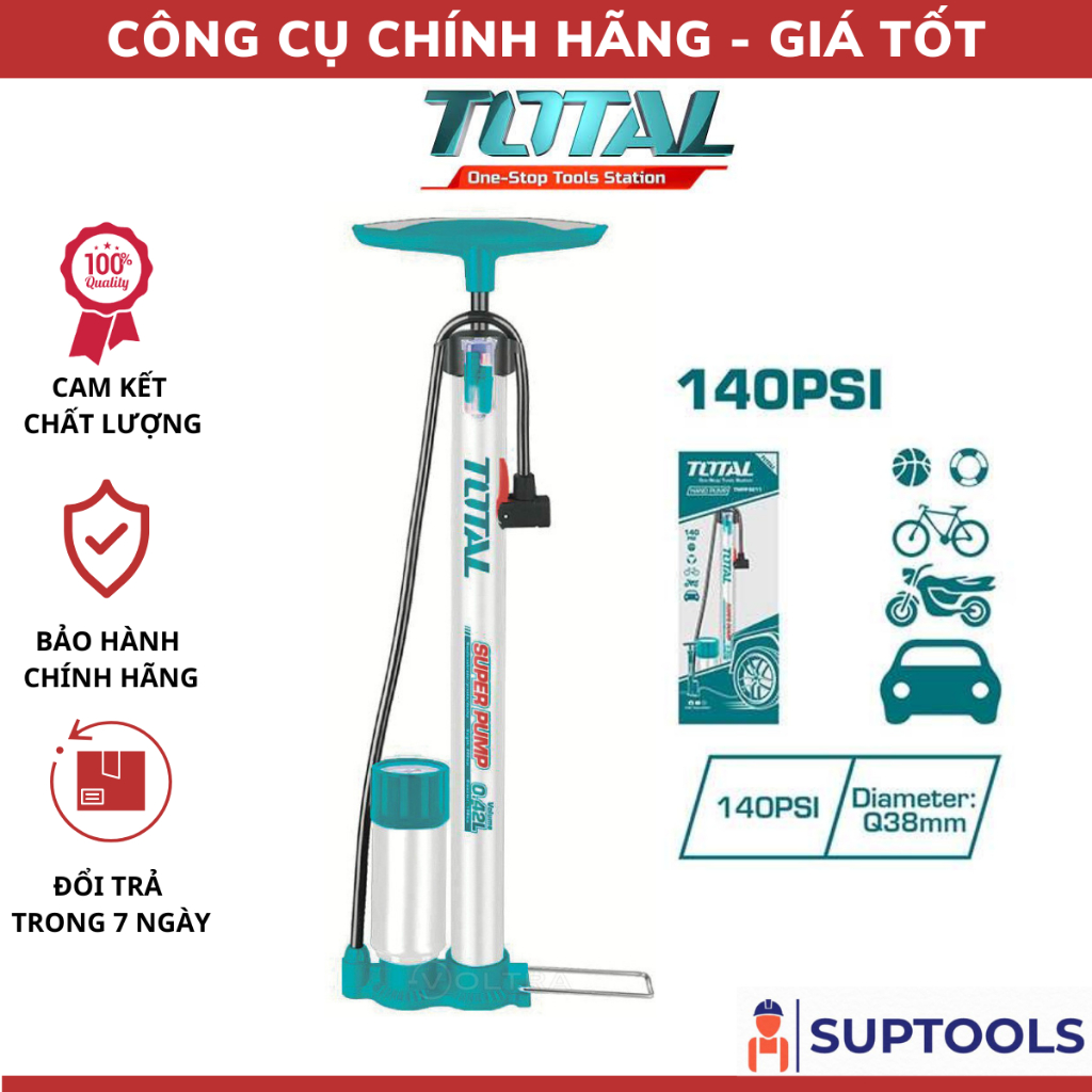 Bơm hơi dùng tay TOTAL TMPP3811 bơm xe máy, xe đạp, bơm bóng 140psi 