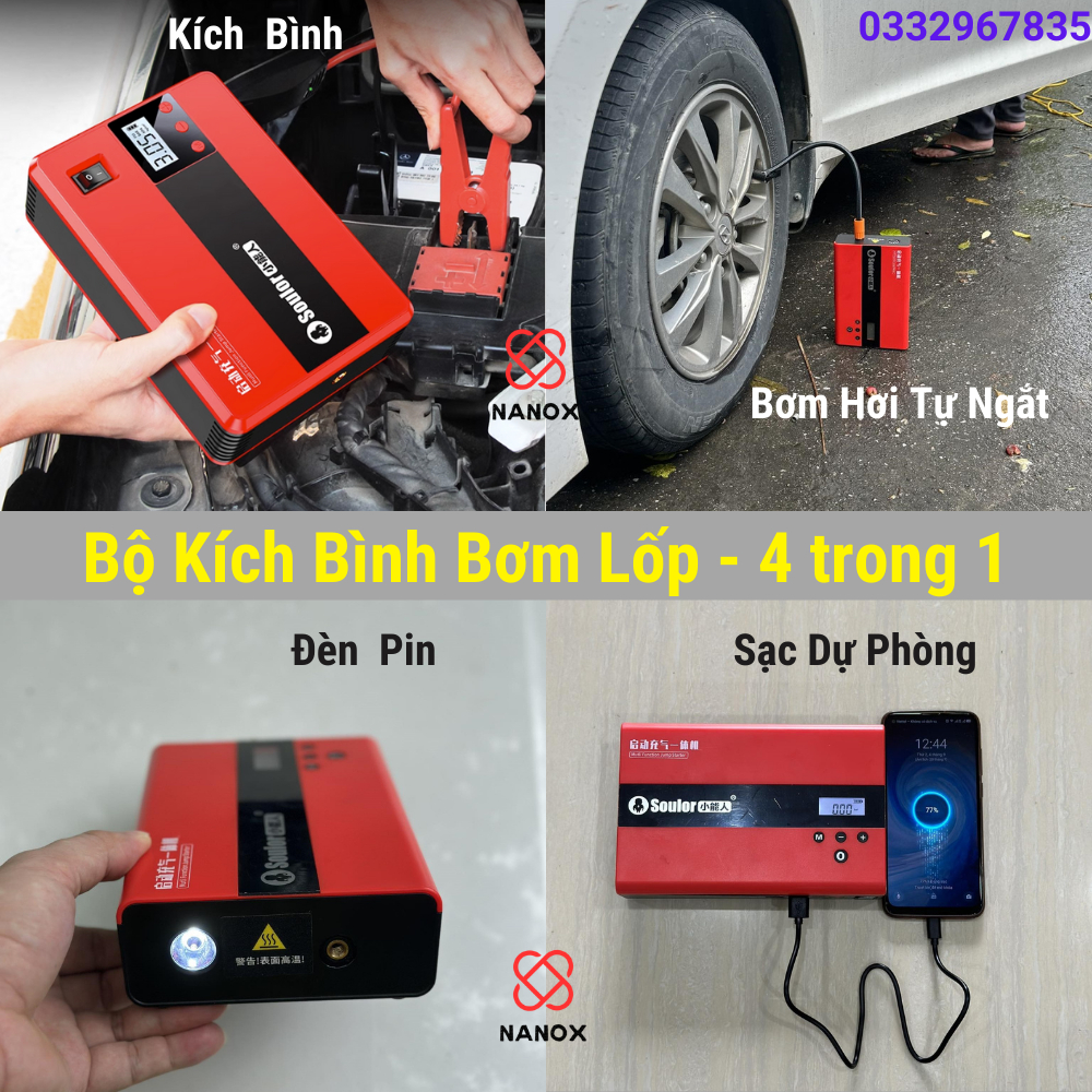 Kích Bình - Bơm Hơi - Sạc Dự Phòng - Đèn Pin - Dung Lượng 119800 mAh - 4 trong 1 - Chính Hãng SOULOR