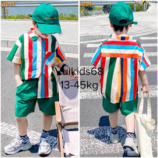 Set hè, du lịch, đi chơi, đi biển cho bé trai. Set áo sơ mi kẻ sọc phối màu kèm quần kaki xanh bé trai 13-45kg loại 1