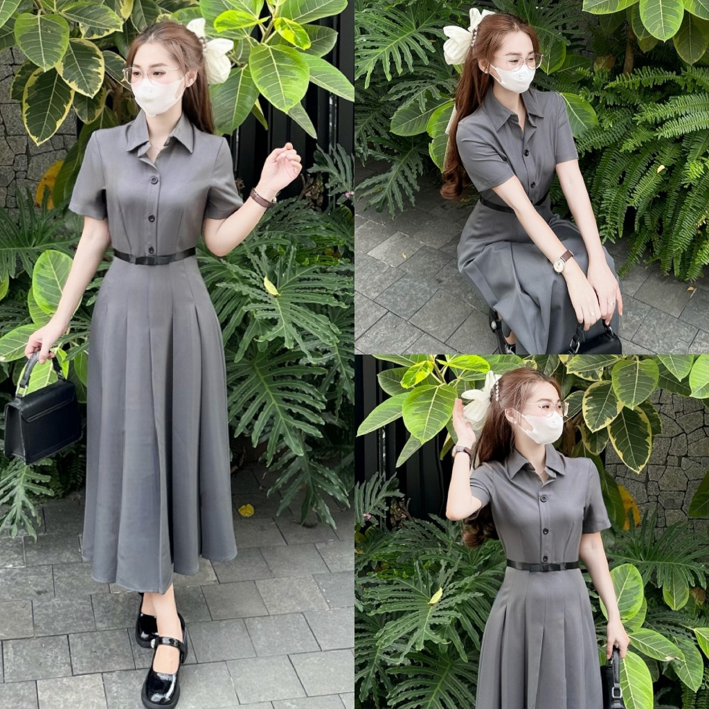 A3 - Đầm  Ghi sơ mi dài xếp ly kèm đai eo thiết kế, chất liệu Tây mềm mịn, dày dặn đi tiệc đi làm Văn Phòng Mijustore