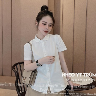 Áo sơ mi cúc ngọc cổ sen tròn màu trắng tiểu thư xinh xắn