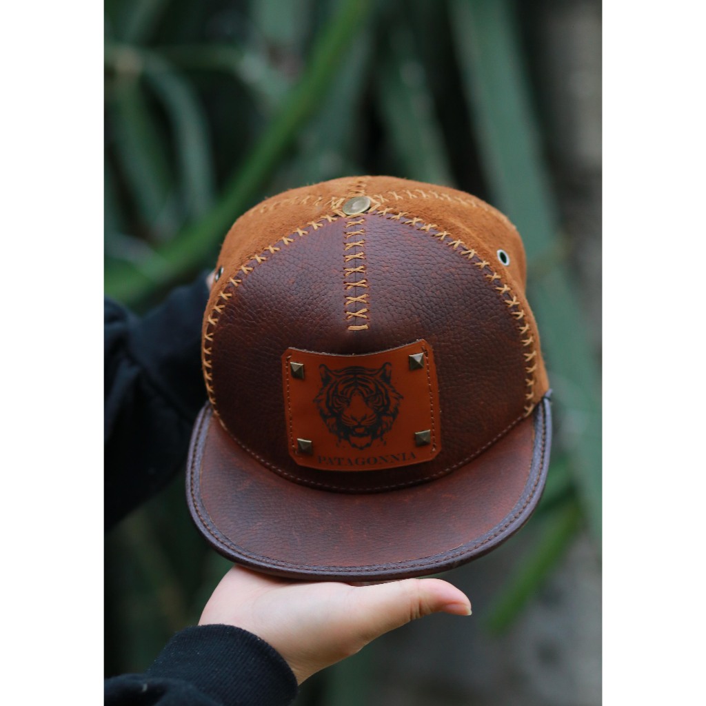 Mũ snapback mũ da bò thật màu nâu họa tiết con hổ