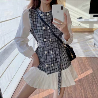 🖤Đầm tiểu thư dạ tweet phối chân xoè xếp li đuôi cá kèm đai belt xinh xắn/Đầm ulzzang caro bánh bèo vintage retro