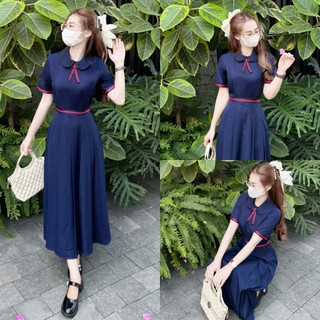 A6- Đầm Xanh NAVI cổ sen đính nơ dáng dài Thanh Lịch Nhẹ Nhàng, chất liệu tây mềm mịn đủ size Mijustor