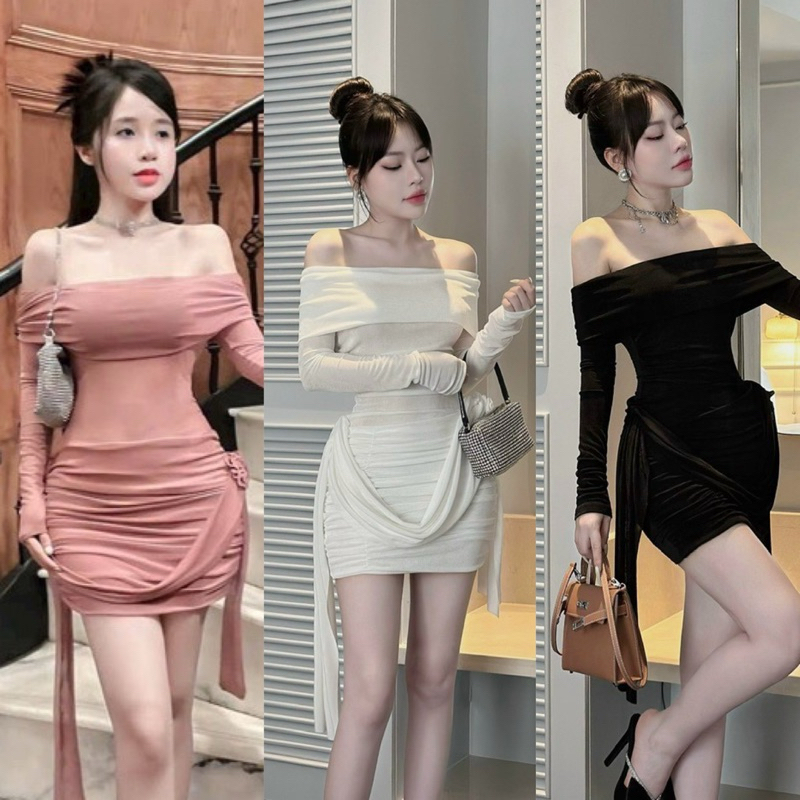Đầm Body Thun Lưới Trễ Vai Tay Dài Thiết Kết Hoa Hồng Tua Vạt Hông Cao Cấp Hình Thật