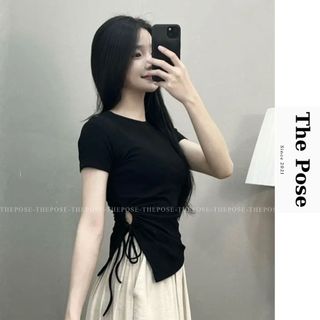 Áo croptop nữ cổ tròn khoét eo dây rút 1 bên áo thun trơn hottrend basis 4 màu cơ bản the pose