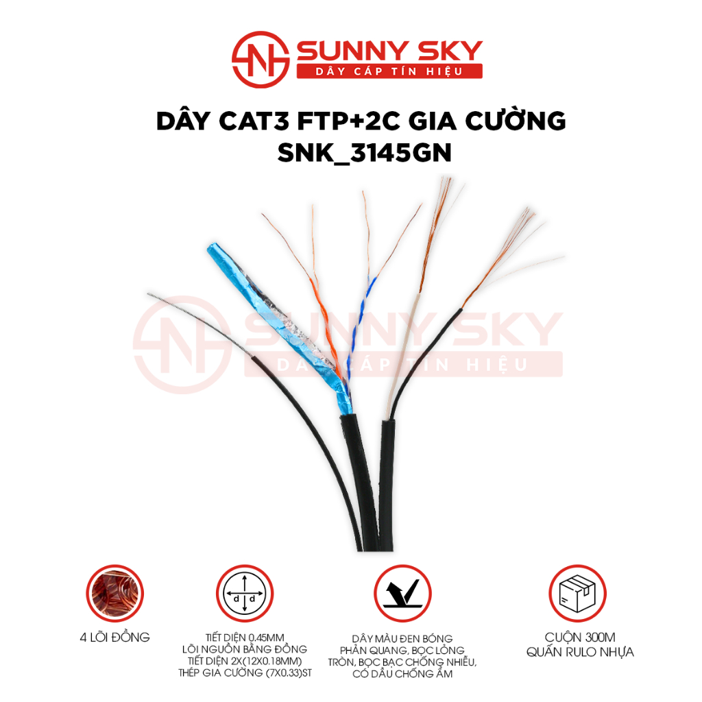 Dây cáp mạng 4 lõi liền nguồn có gia cường - bọc bạc chống nhiễu, có dầu chống ẩm